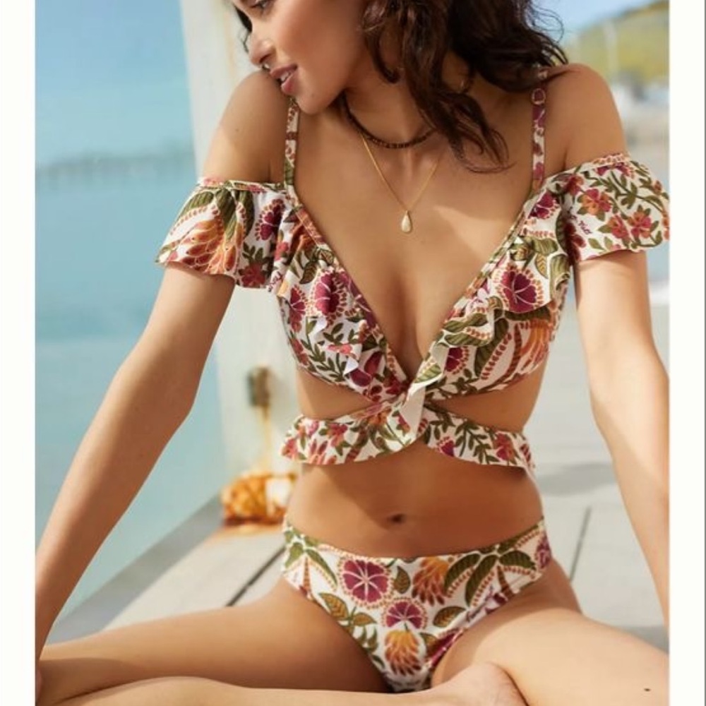FARM Rio Floral Twist Ruffle Bikini in Pink, Green, Orange